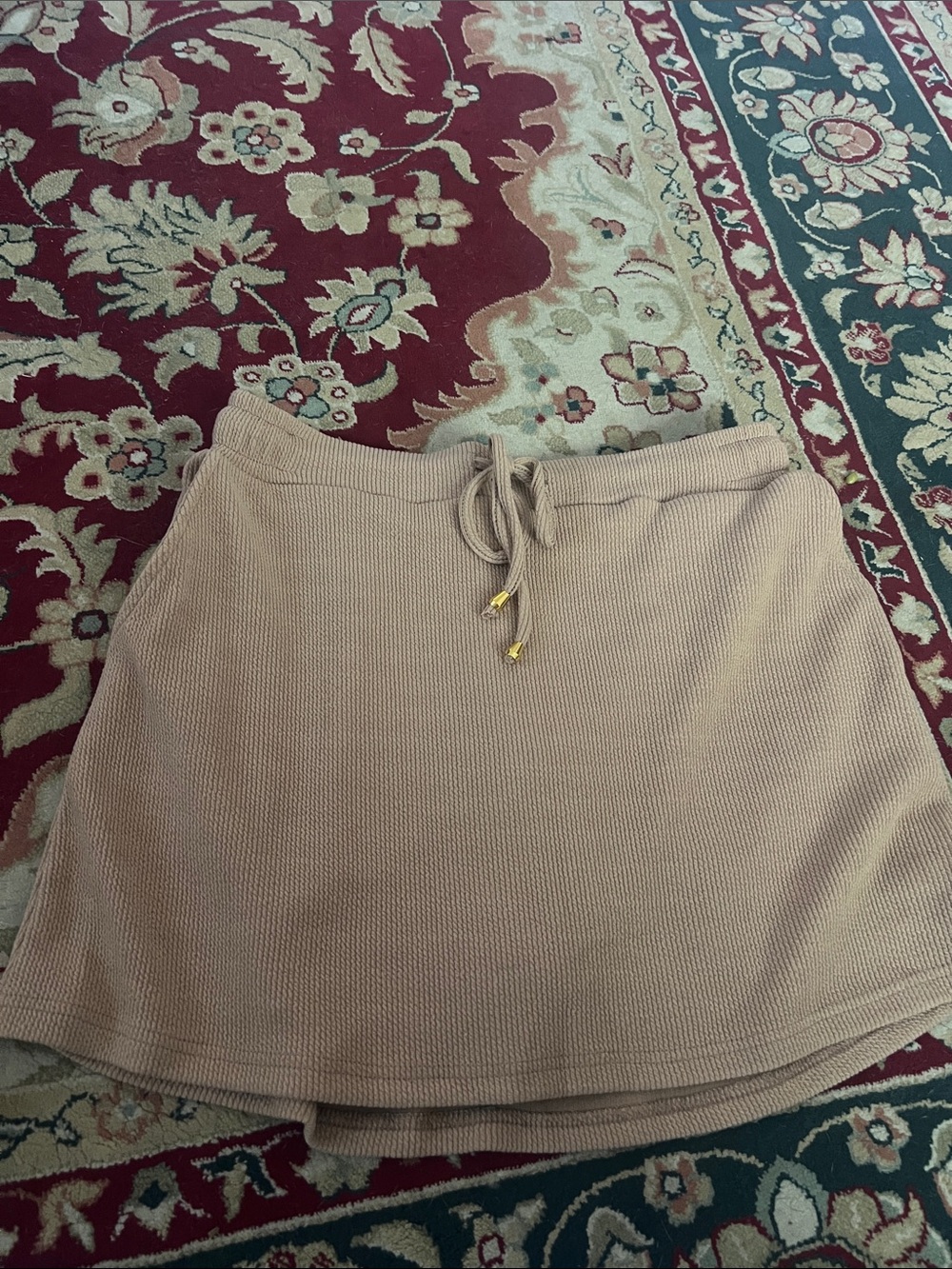 Women’s Knit Drawstring Mini Skirt in Light Beige
